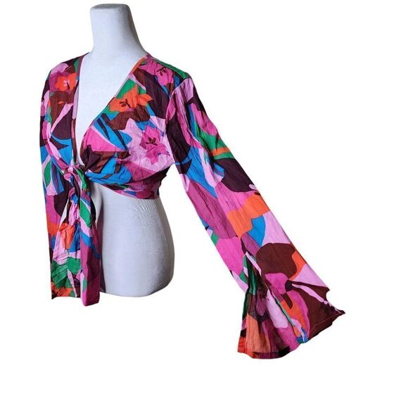 Sanctuary Boho Flare Sleeve Crop Tie Waist Wrap Top Womens S Multi New - Picture 2 of 7